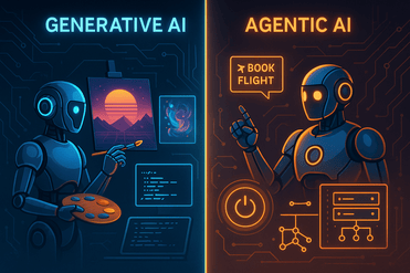 Comparison illustration of Agentic AI and Generative AI  showing how Generative AI creates content while Agentic AI takes autonomous actions.